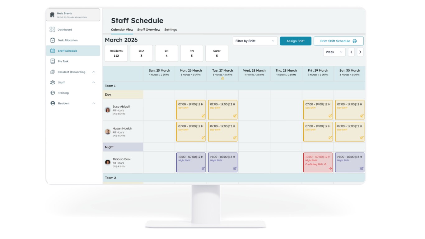 Healthcare management dashboard showing leave management and staff scheduling features.